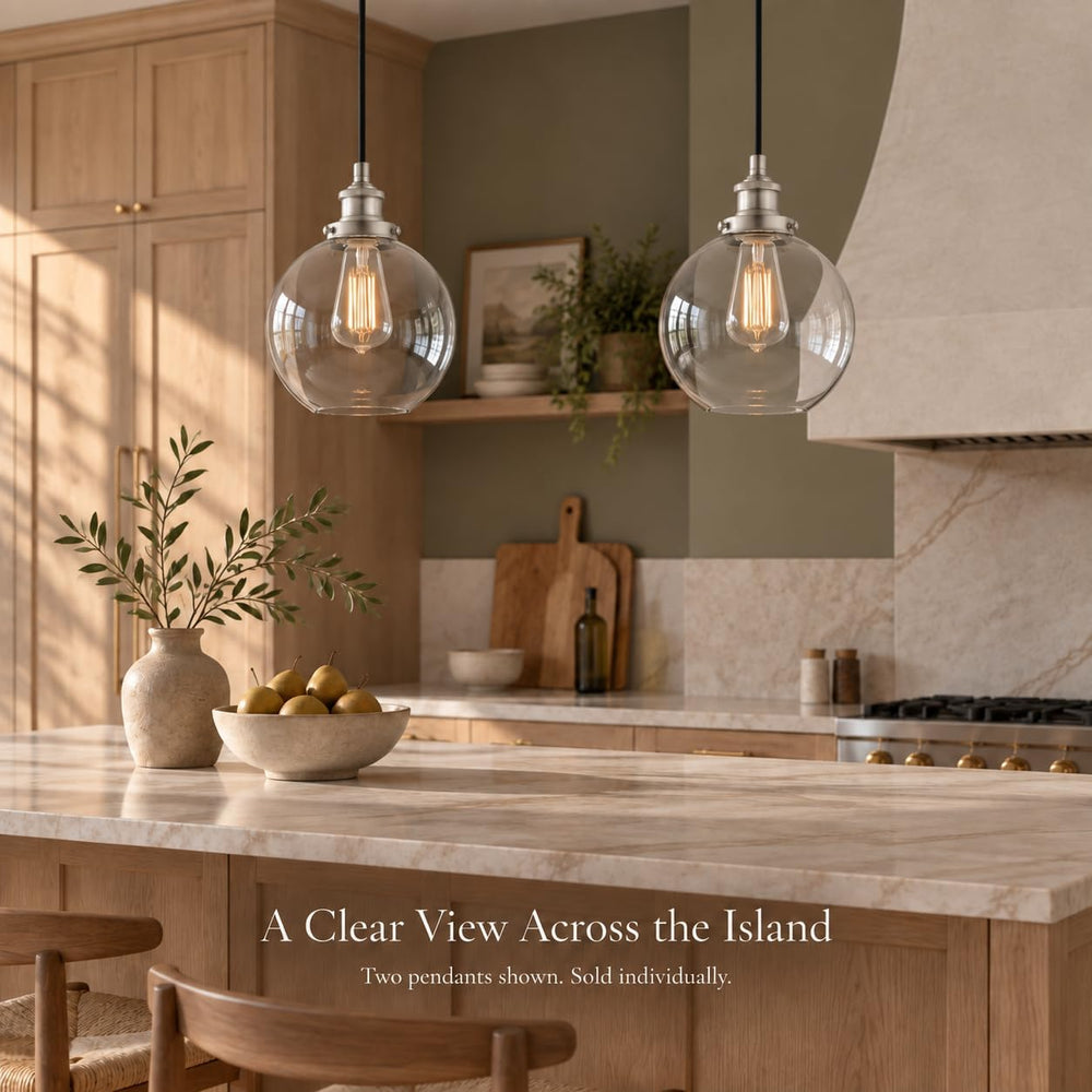 Primo Brushed Nickel Glass Globe Pendant Light, Kitchen Island, LED Bulb
