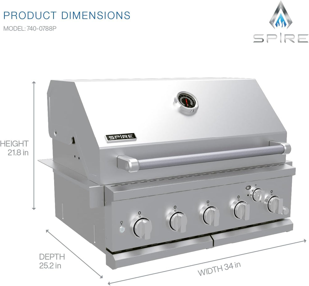 SPIRE 30" Built-In 5 Burner Dual Fuel Grill, All 304 Stainless Steel Body
