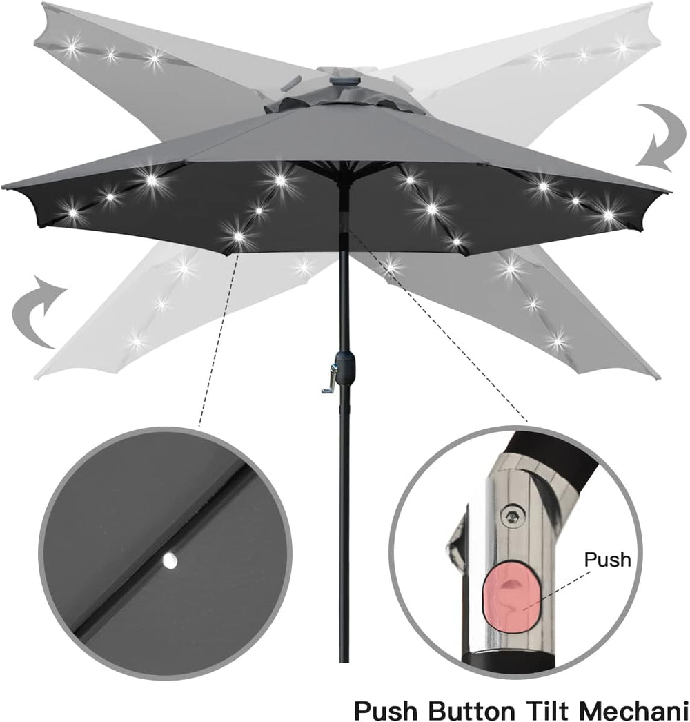 Sunnyglade 9' Solar LED Patio Umbrella, 8 Ribs, Tilt & Crank (Grey)
