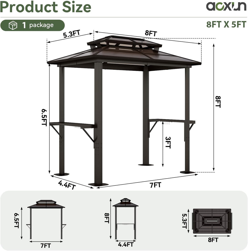 Aoxun Grill Gazebo 8 x 5FT, Hardtop Gazebo with Double Polycarbonate Top