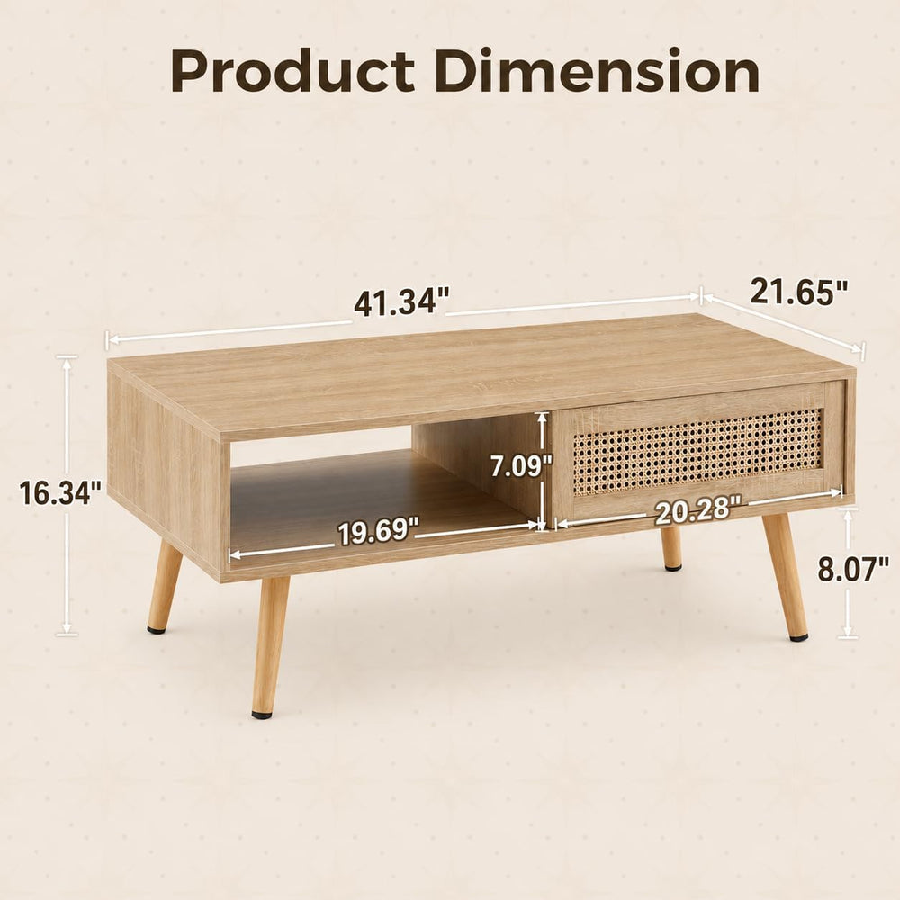 Rattan Coffee Table with Sliding Storage Door, 41.34'' Rectangular Wo...