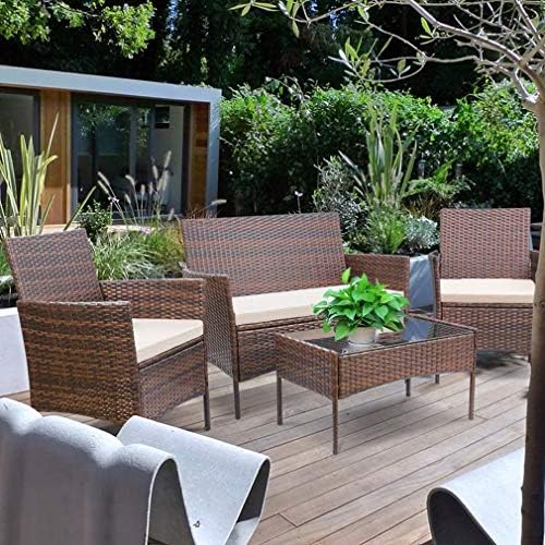 FDW 4-Piece Patio Furniture Set | Brown & Khaki | Outdoor Wicker Furniture