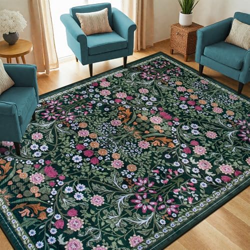PLHXFR Area Rug Living Room: 5x7 Floral Washable Boho Carpet Dark Green