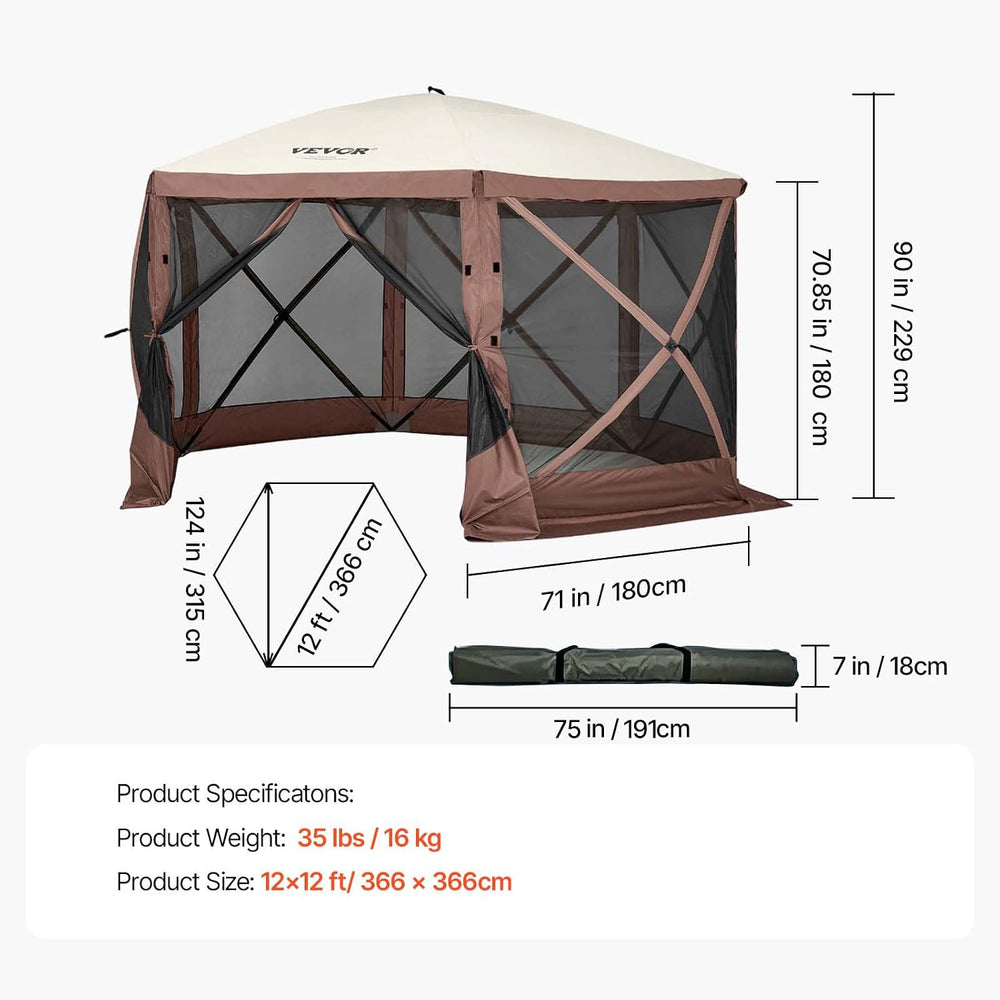 VEVOR Camping Gazebo Screen Tent, 12x12ft, Brown/Beige