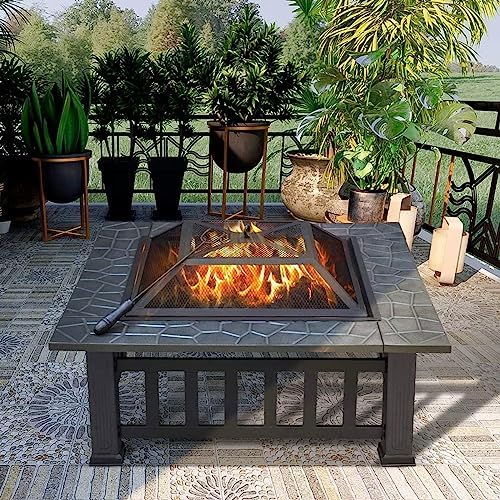 Anraja Fire Pit 32" Wood Burning Firepit Metal Square Outdoor Fire Tables Steel BBQ Gril Fire Pit Bowl withSpark Screen Cover, Poker Log Grate for Patio Bonfire Camping Backyard Garden Picnic1