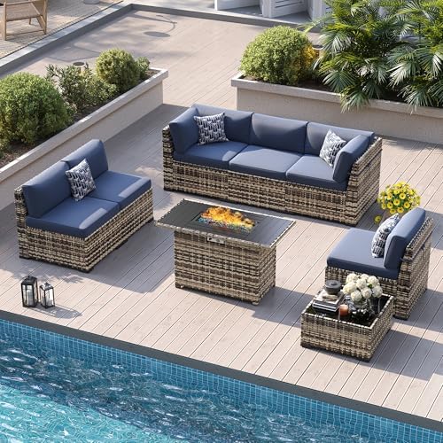 8-Piece Patio Furniture Set with 44” Fire Pit Table - All-Weather Wicker Conv...