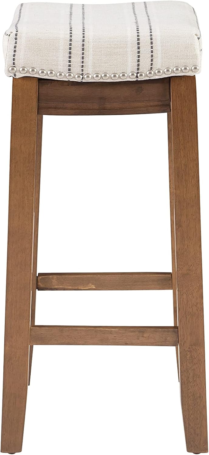 Linon Kingston Natural Wood with Upholstered Linen seat 24 Inch Seat Height B...