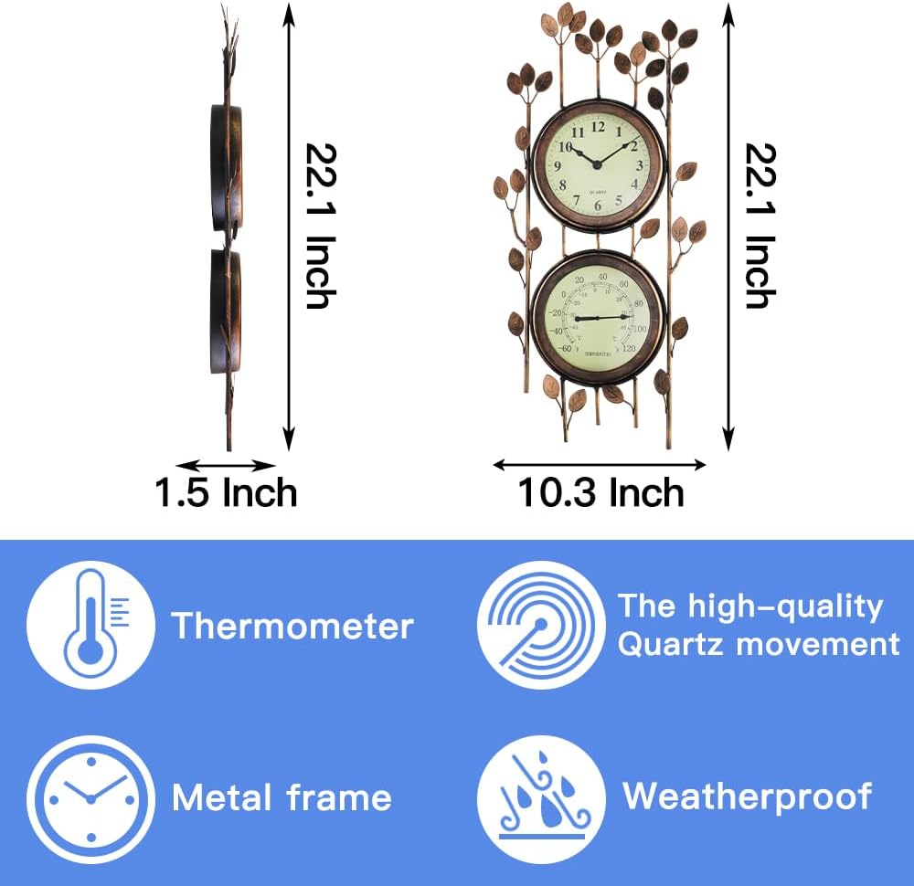 BESTIME 66059 Two-in-one Leaf Design Metal Clock.Wall Art Clock,Thermometer,I...
