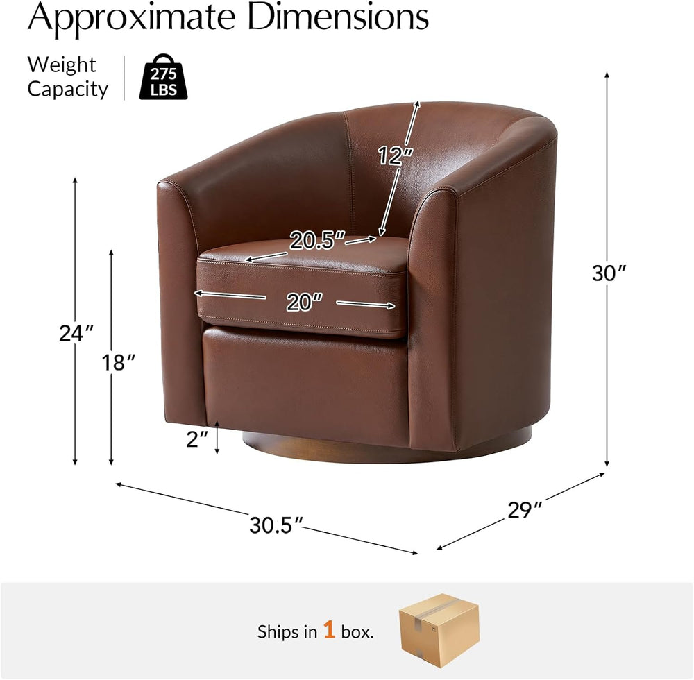 HULALA HOME Genuine Leather Swivel Barrel Chair with Solid Wood Base, Brown