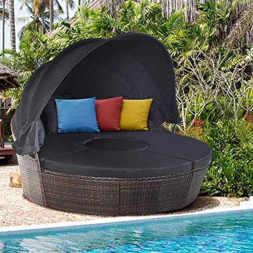 HAPPYGRILL Outdoor Daybed with Canopy, Wicker Rattan Sectional Sofa with Coff...