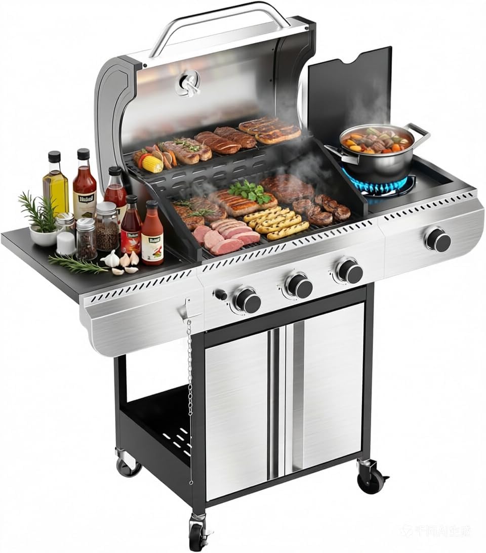 3-Burner Propane Gas Grill with Side Burner, 34,000 BTU Stainless Steel BBQ G...