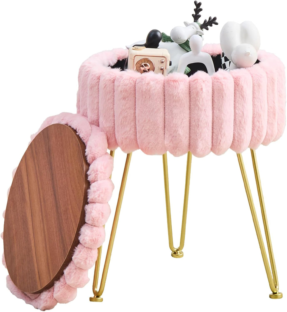 Wimarsbon Vanity Stool with Storage, Faux Fur Ottoman Chair with Metal Legs, ...