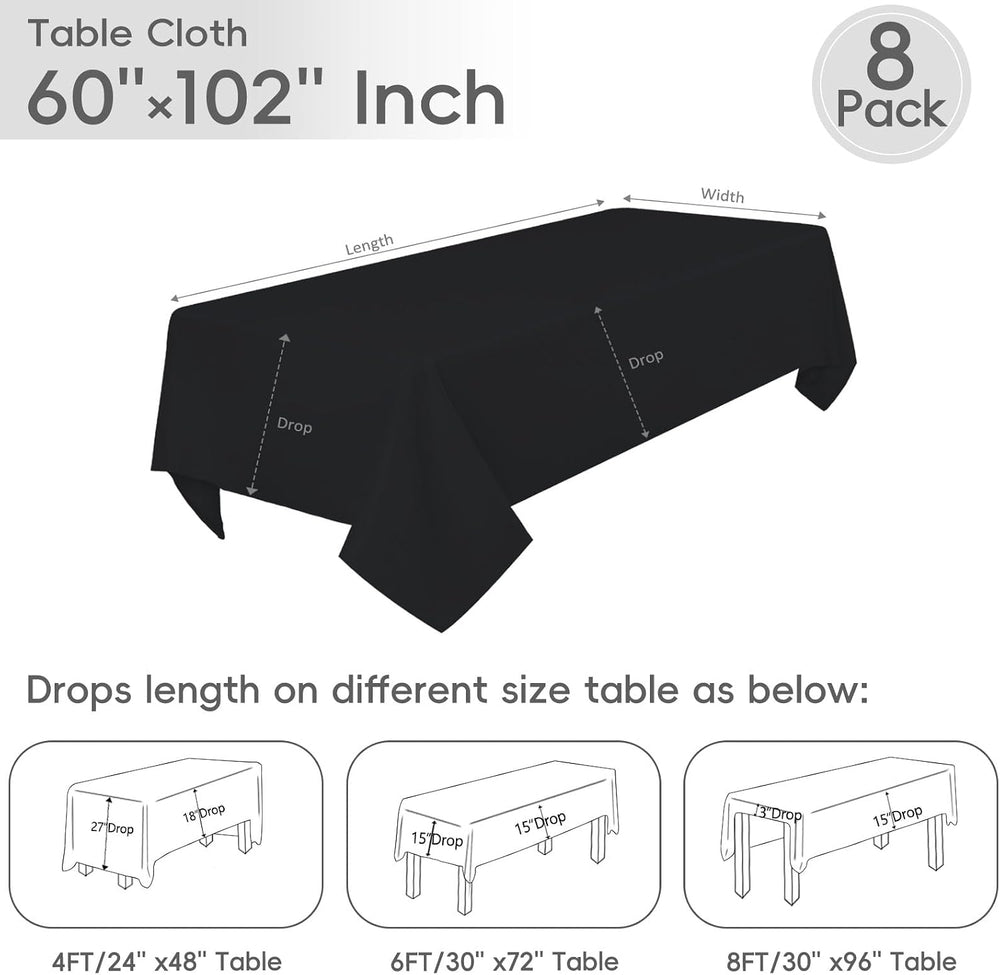 8 Pack Black Tablecloth 60 x 102 Inch Polyester Table Cloth for 6 Foot Rectan...