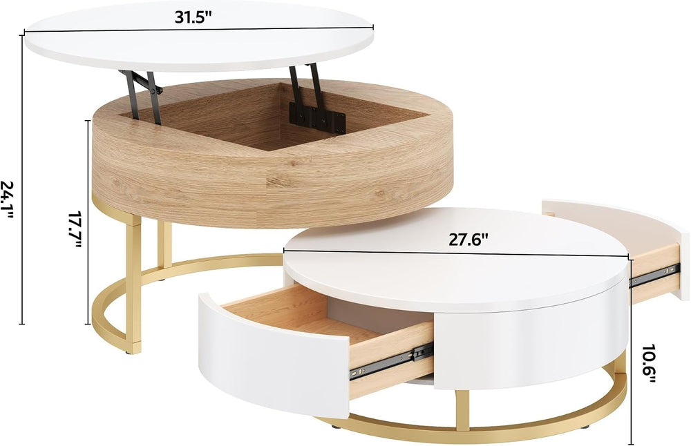 Modern Round Lift-top Nesting Coffee Tables with 2 Drawers for Living Room Wh...