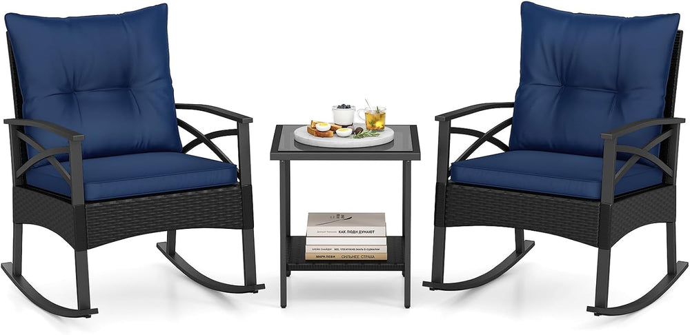 Tangkula 3 Pieces Wicker Outdoor Rocking Chairs Set