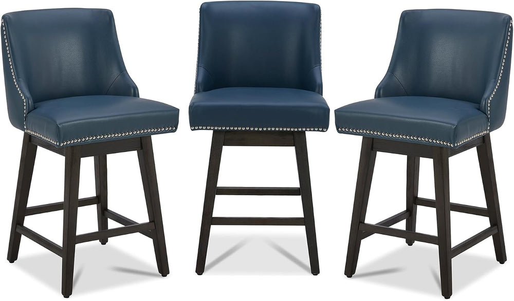 CHITA 26" Counter Height Swivel Bar Stools, Blue Faux Leather, 3-Pack