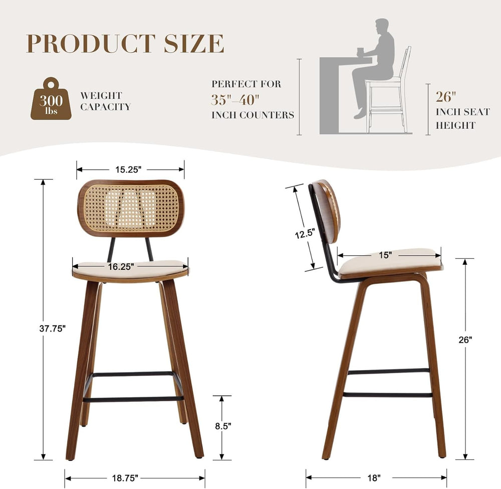 Ya-Home Mid-Century Bar Stools Set of 2, 26 Inch PU Leather Barstools with Op...
