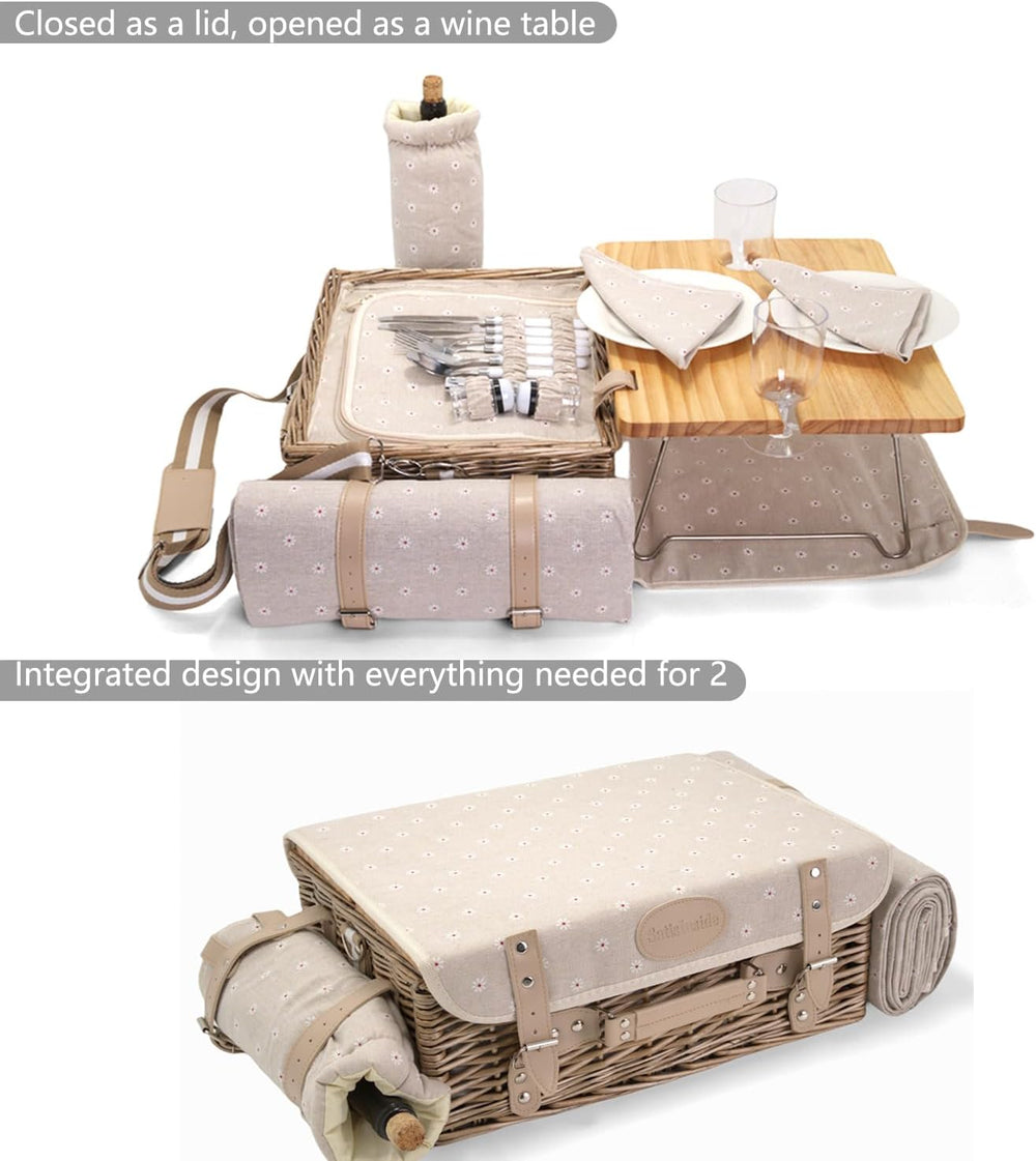 Multifunctional Wicker Picnic Basket Set for 2 with Blanket and Picnic Table,...