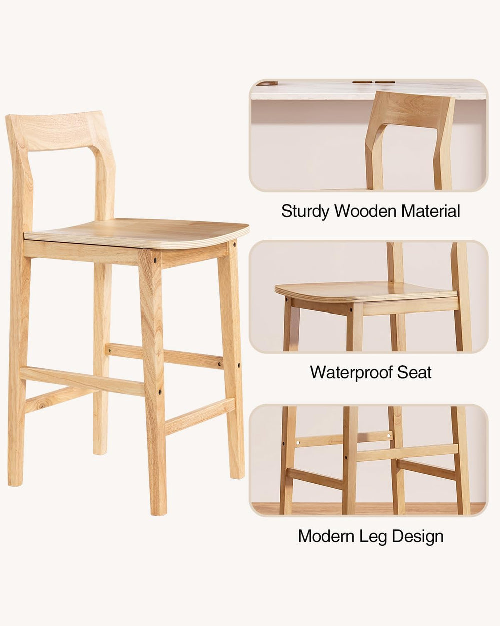 Wood Barstools Set of 4, Counter Height Bar Stools Armless Farmhouse Wooden B...
