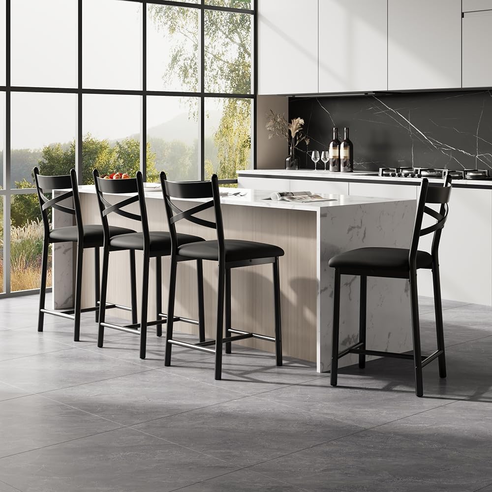 Garvee 26'' Bar Stools Set of 4, Counter Stools with Back & Thick...