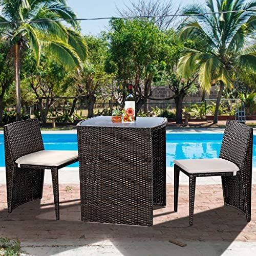 GIANTEX 3 PCS Cushioned Outdoor Wicker Patio Set Convention Bistro Set Garden...