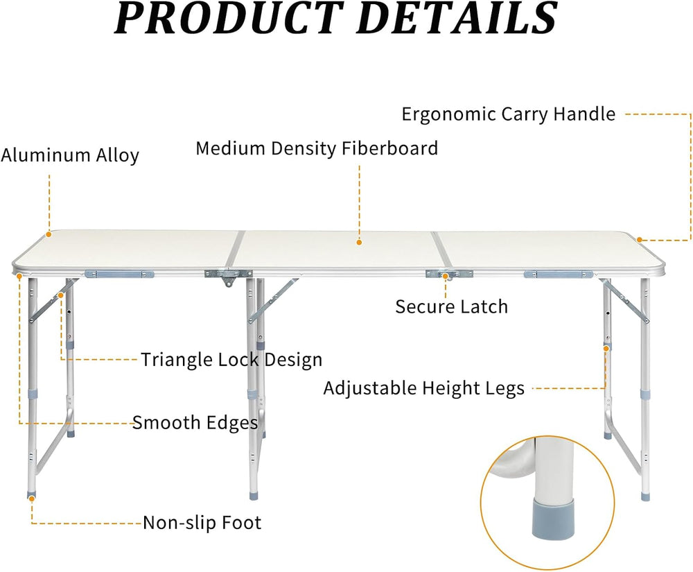 6.0 Ft Folding Portable Camping Table, White