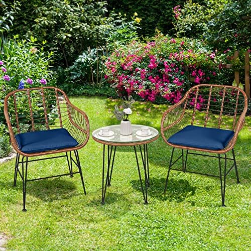 Tangkula 3 Pieces Patio Conversation Bistro Set, Outdoor Wicker Furniture w/R...