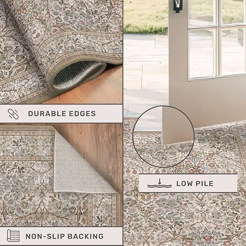 Washable 9x12 Living Room Rug - Moss Brown Floral Area Rug for Dining Room Un...