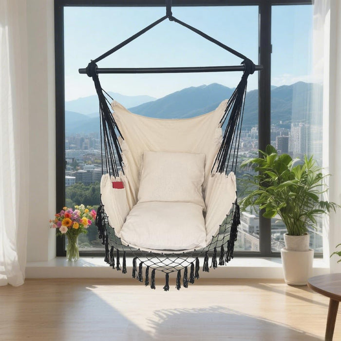 Hammock Chair Hanging Rope Swing Chair,Max 450 Lbs, Large Hanging Chair with Pocket, 2 Cushions, Removable Steel Bar, Hardware Kit Included, Sturdy and Comfortable for Indoor Outdoor (Beige)