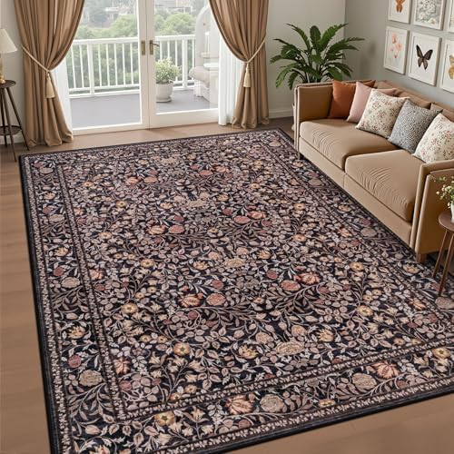 5x7 Area Rug Living Room: Soft Floral Washable Boho Carpet Brown