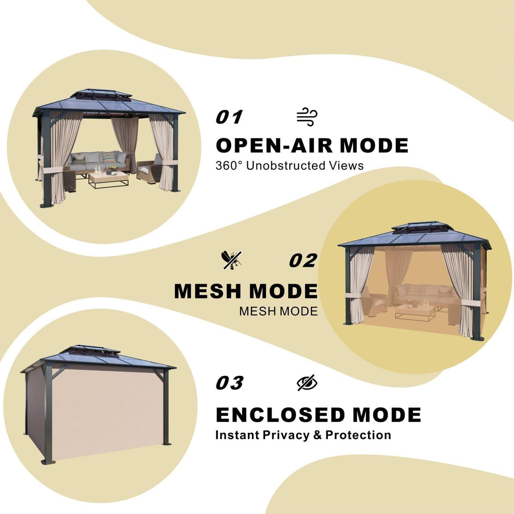 10x12 Hardtop Gazebo with Curtains & Netting, Double Roof Polycarbonate C...