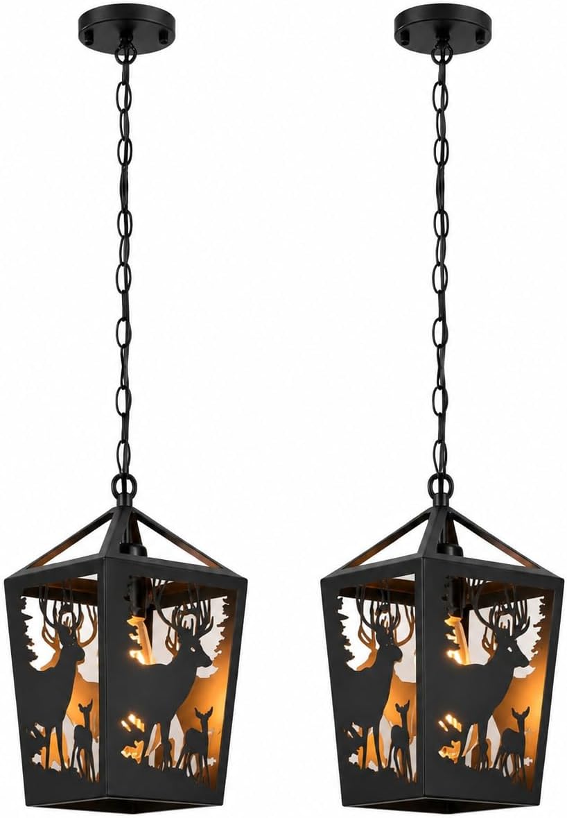 Farmhouse Rustic Deer Pendant Light, 2 Pack Metal Cage