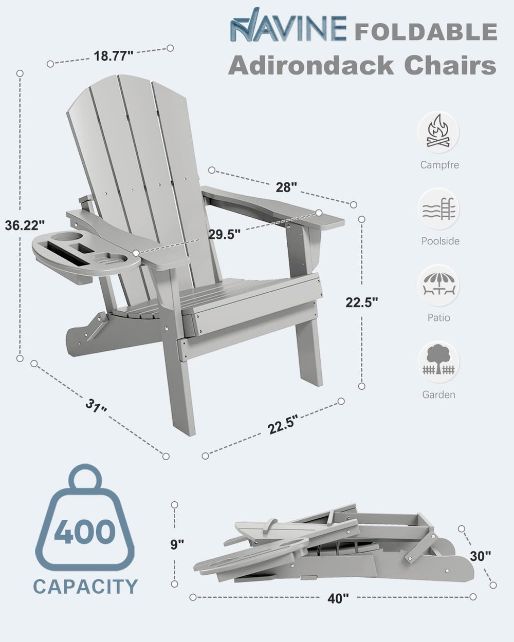 NAVINE Folding Adirondack Chairs Set of 2 with 4-in-1 Cup Holder,White Grey