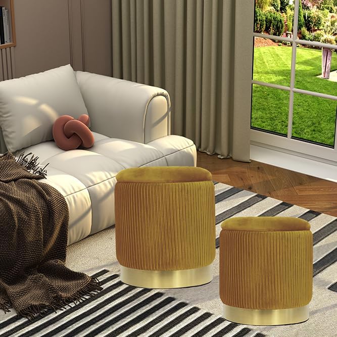 YYW HOME Round Ottoman with Storage Set of 2, Yellow Velvet Vanity Stool