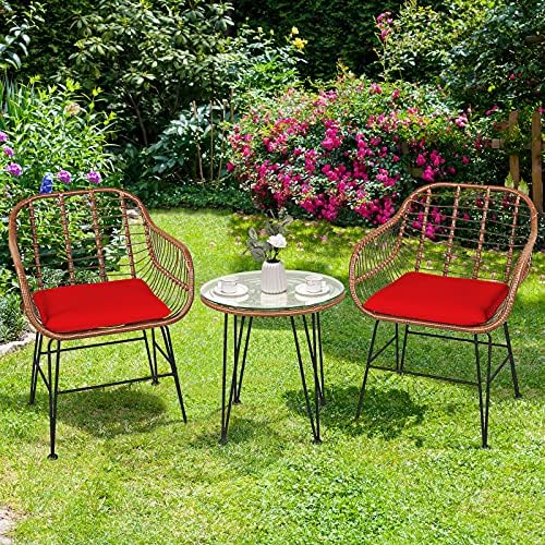 Tangkula 3 Pieces Patio Conversation Bistro Set, Outdoor Wicker Furniture w/R...