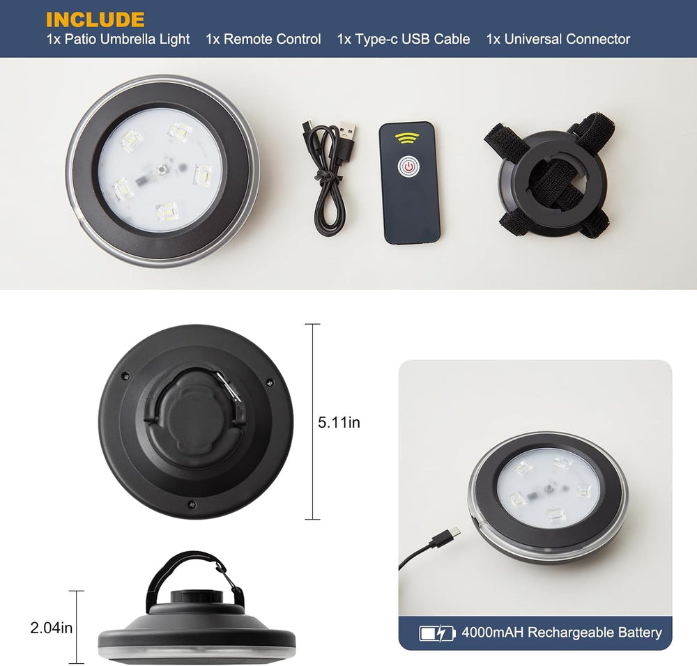 Vitnucrol LED Patio Umbrella Lights with Remote, 4000mAh Rechargeable