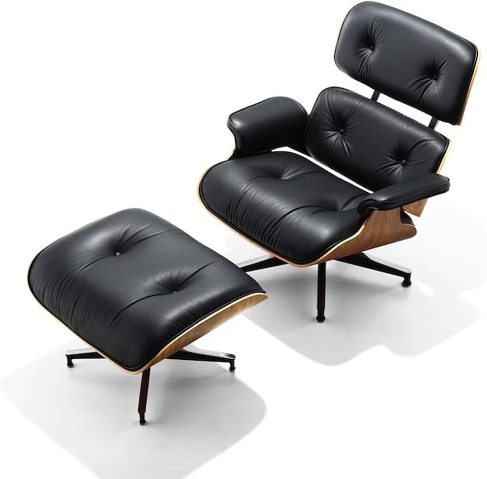 Mid Century Modern Top Grain Leather Chaise Lounge Chair & Ottoman
