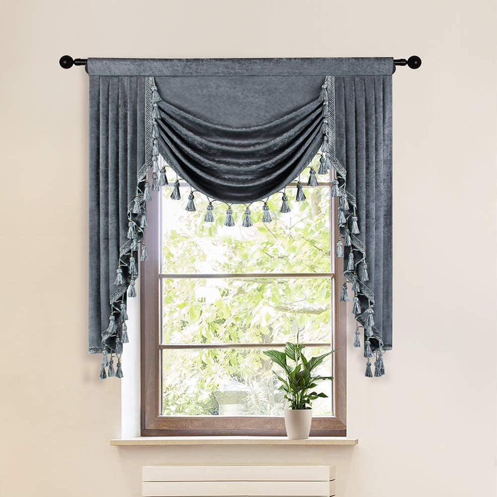 ELKCA Grey Chenille Curtains Valance for Living Room Window Waterfall Valance...