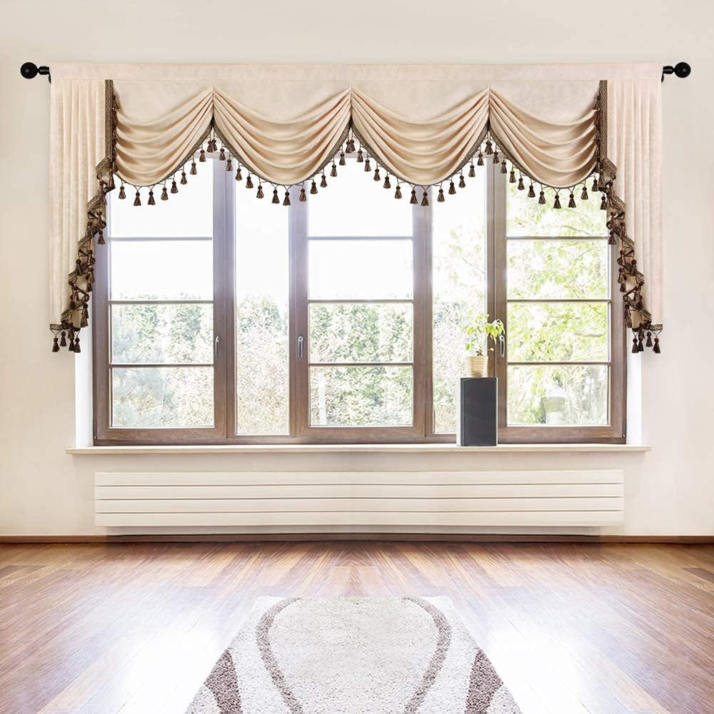 ELKCA Thick Chenille Window Room Curtains Valance for Living Room Beige Water...