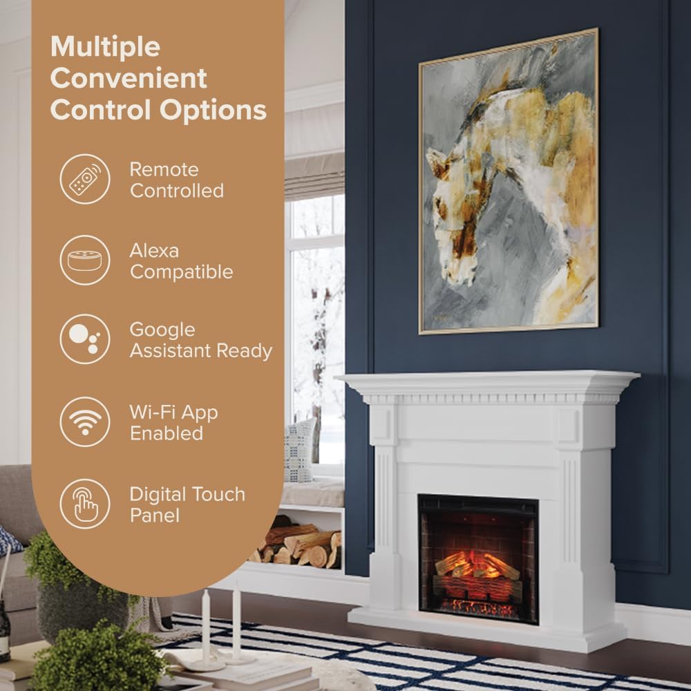Modern Ember Augustine White Mantel Package 55" W x 48" H with 28 I...
