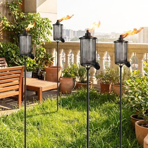 4 Pack Glass Citronella Torches, 16 oz Garden Torches for Outside with 3-Pron...
