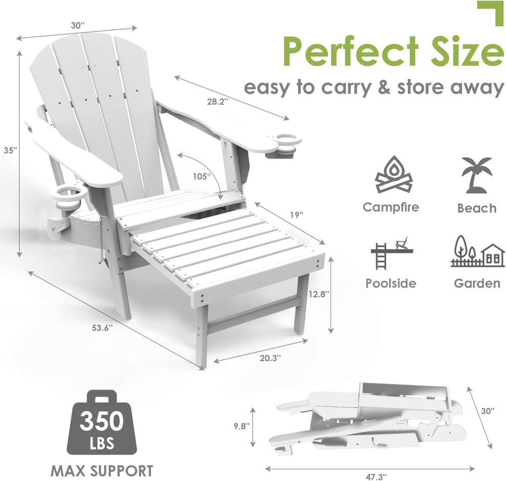 GREENVINES Folding Adirondack-Chairs-with-Ottoman Set of 2, HDPE, White