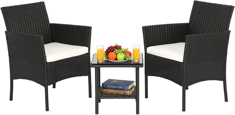 FDW 3-Piece Patio Furniture Set | Black & Beige | Outdoor Wicker Furniture