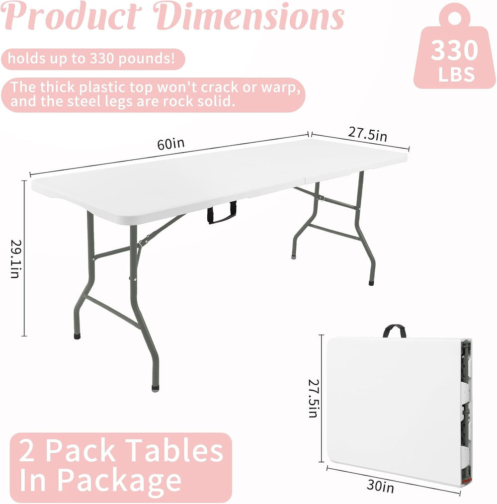 2 Pack 5 Feet Portable Folding Table White, Steel Legs Fold-in-Half with Carr...