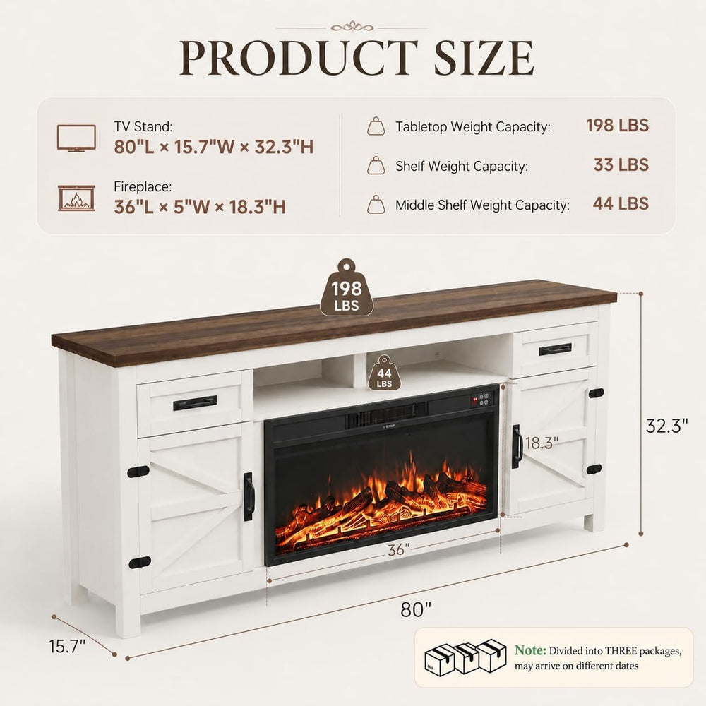 Fireplace TV Stand with Barn Door, 80 inch,Modern White