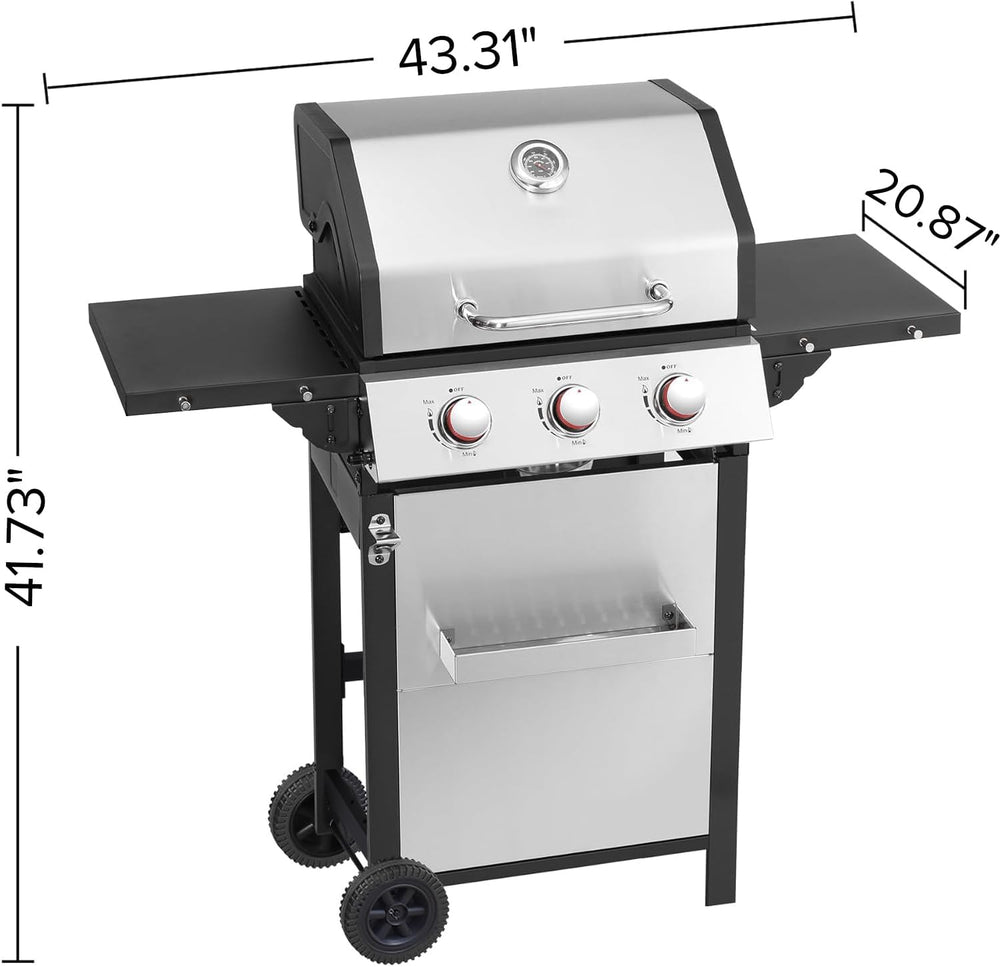 3 Burner Propane Gas Grill, Stainless Steel Cabinet with Side Table & Ful...
