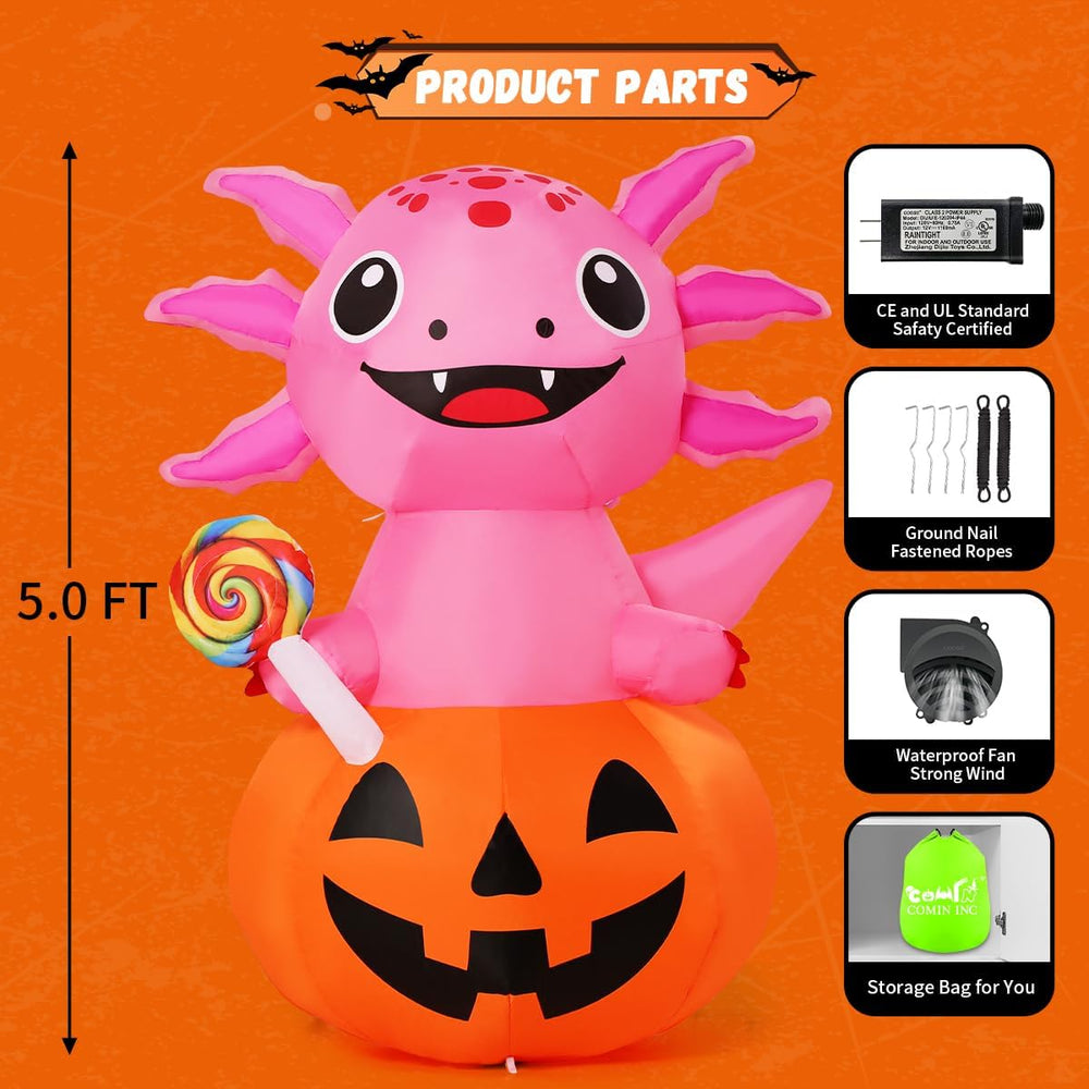 COMIN 5 FT Halloween Inflatables Axolotl Pumpkin Outdoor Decorations Blow Up ...