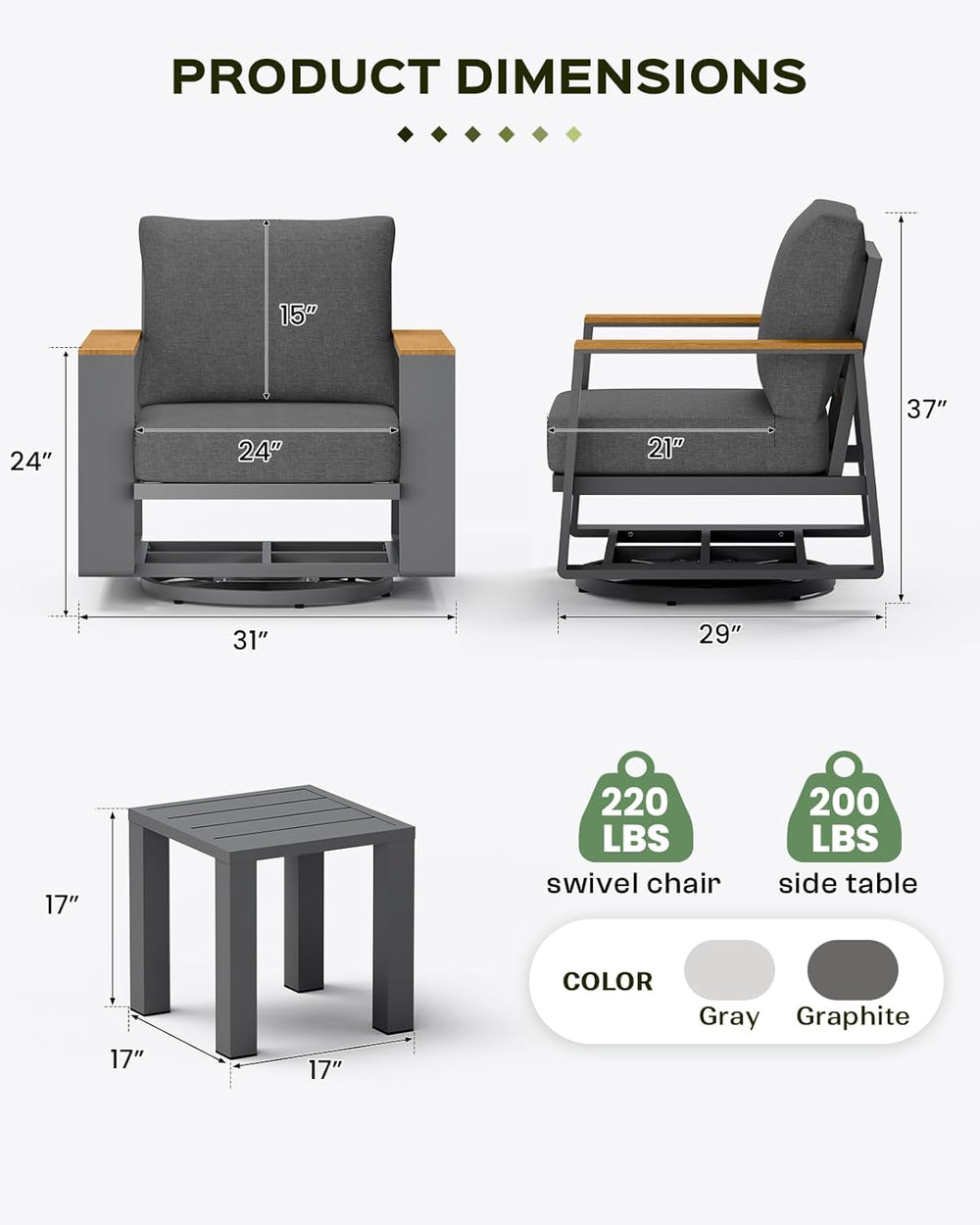 Vexwalx Aluminum Luxury Outdoor Swivel Patio Chairs with Table Set, Oversized...