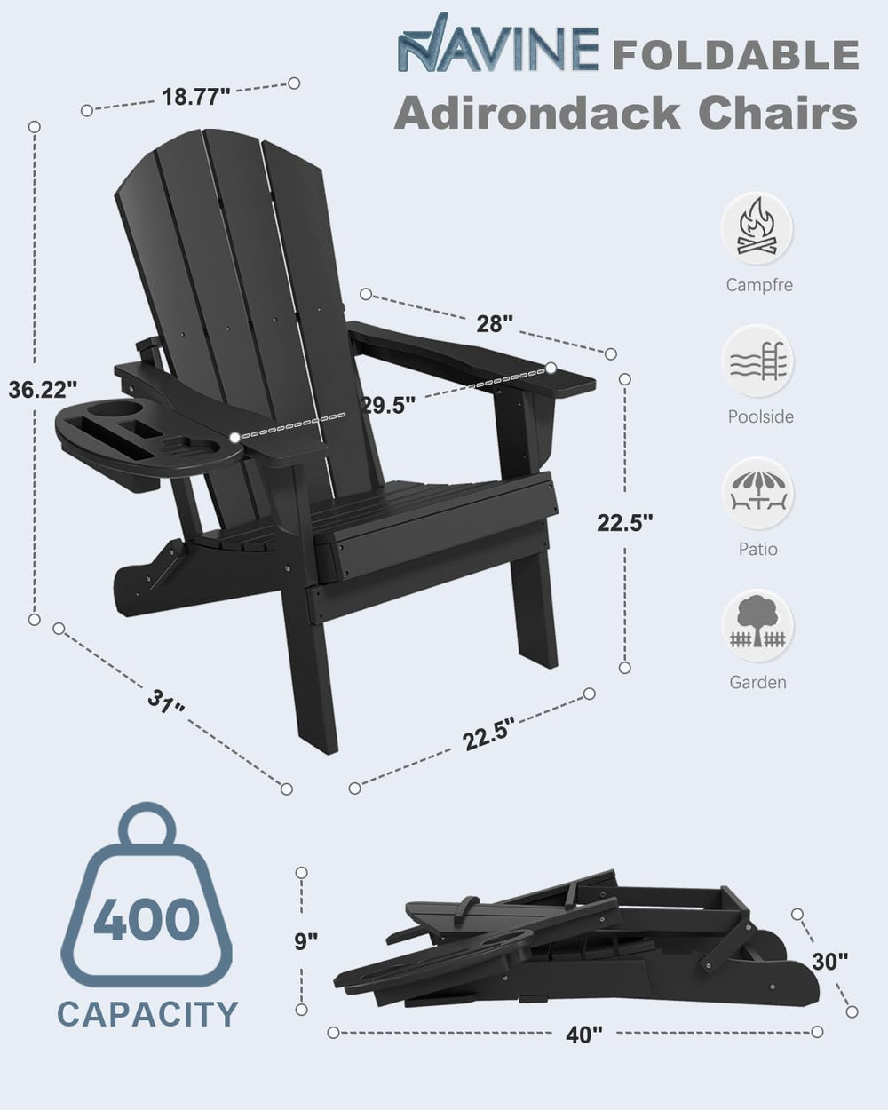 NAVINE Folding Adirondack Chairs with 4-in-1 Cup Holder for Fire Pit, Black