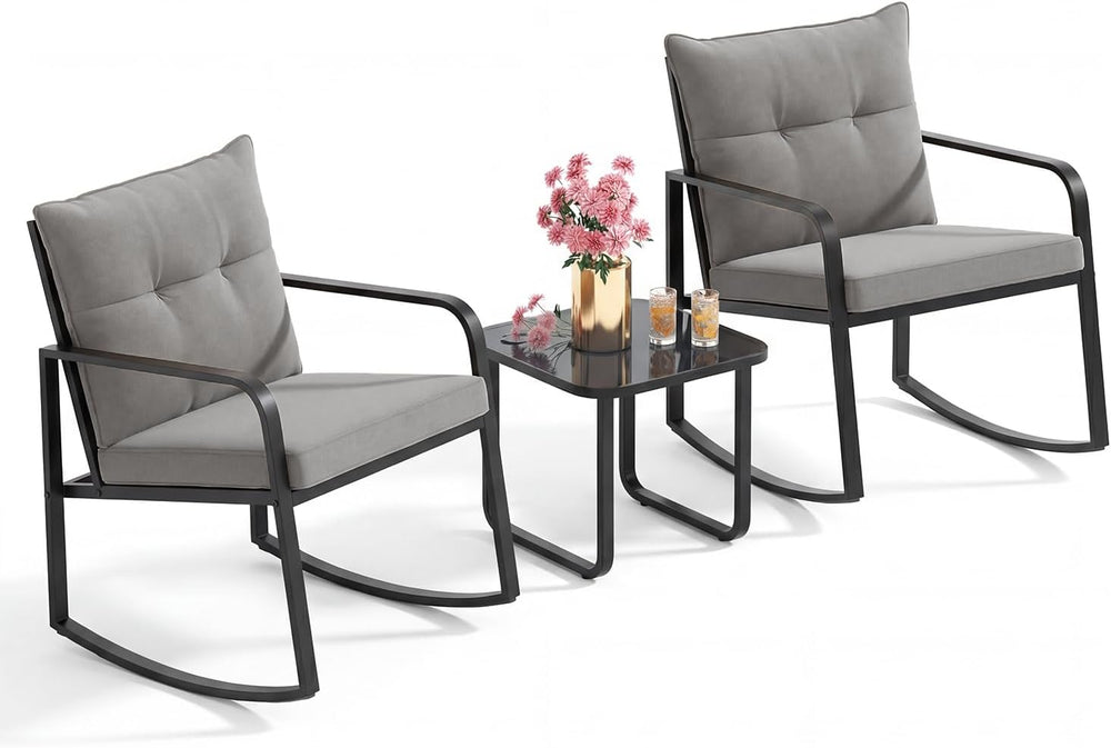 Gizoon 3 Piece Rocking Bistro Set, Black Steel Patio Furniture,Grey Cushion